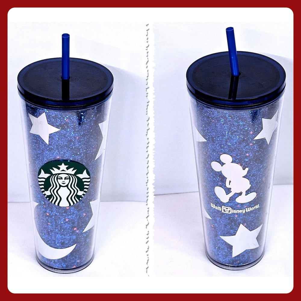 Starbucks Disney World Mickey Mouse Blue Glitter 24oz Tumbler Stars Cold Cup Rar